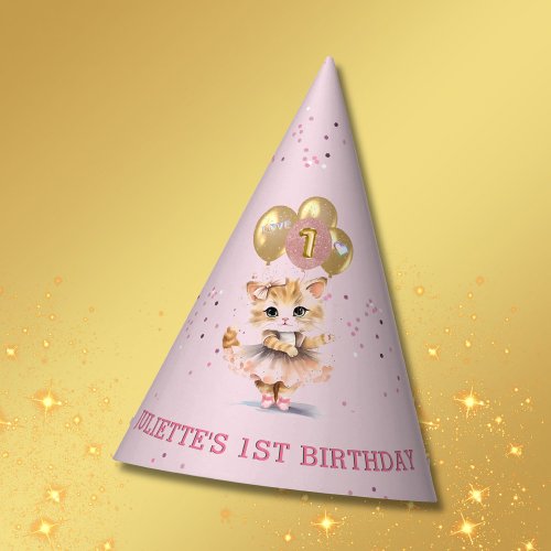 Charming Dancing Kitten Photo First Birthday Girl  Party Hat