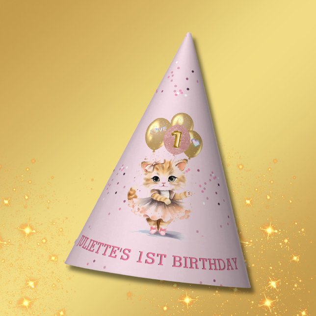 Charming Dancing Kitten Photo First Birthday Girl  Party Hat (Creator Uploaded)