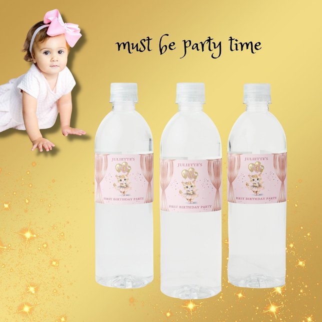 Charming Dancing Kitten Photo First Birthday Girl  Water Bottle Label (Creator Uploaded)