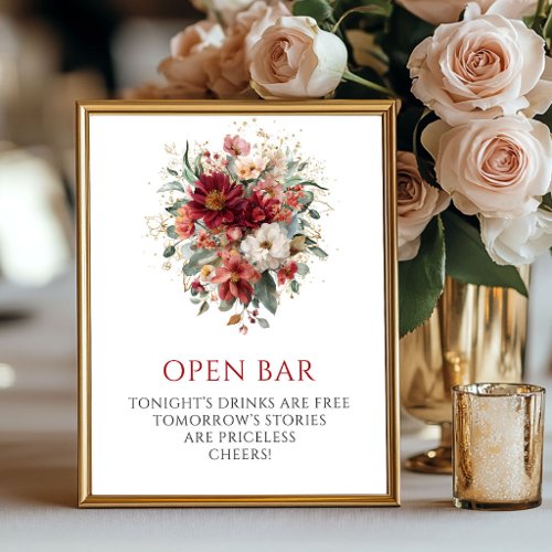 Charming Deep Red Autumn Floral Open Bar Sign
