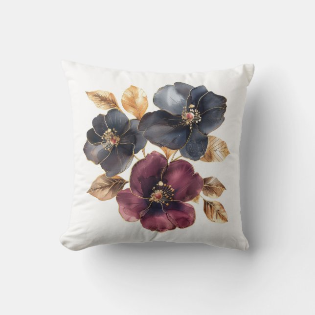 Charming deep red marsala gold and black flowers throw pillow (Front)