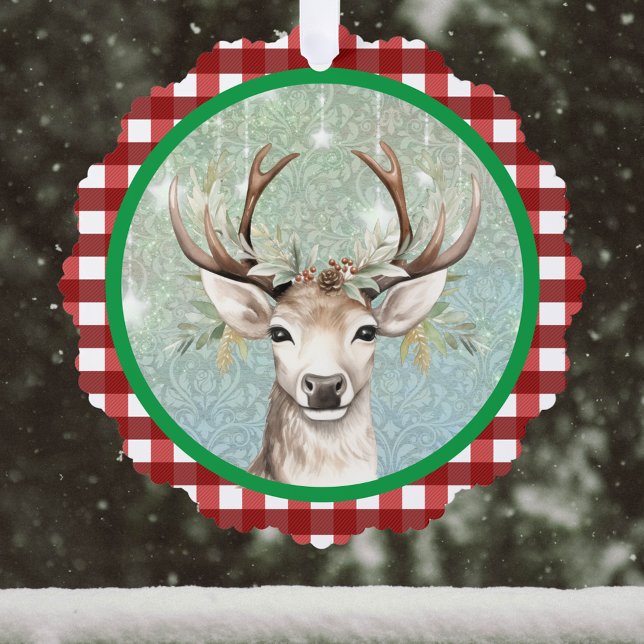 Charming Deer on Red White Plaid Company Christmas Ornament Card (Creator Uploaded)