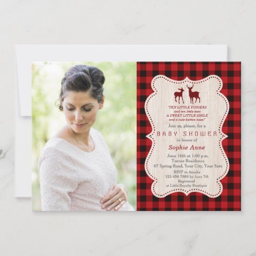 Charming Deer Red Buffalo Plaid Photo Baby Shower Invitation