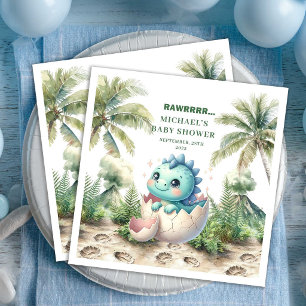 Charming Dino Baby Shower Hatching Soon Name Paper Dinner Napkins