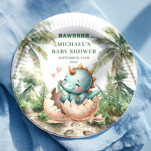 Charming Dino Egg Baby Shower Hatching Soon Plates