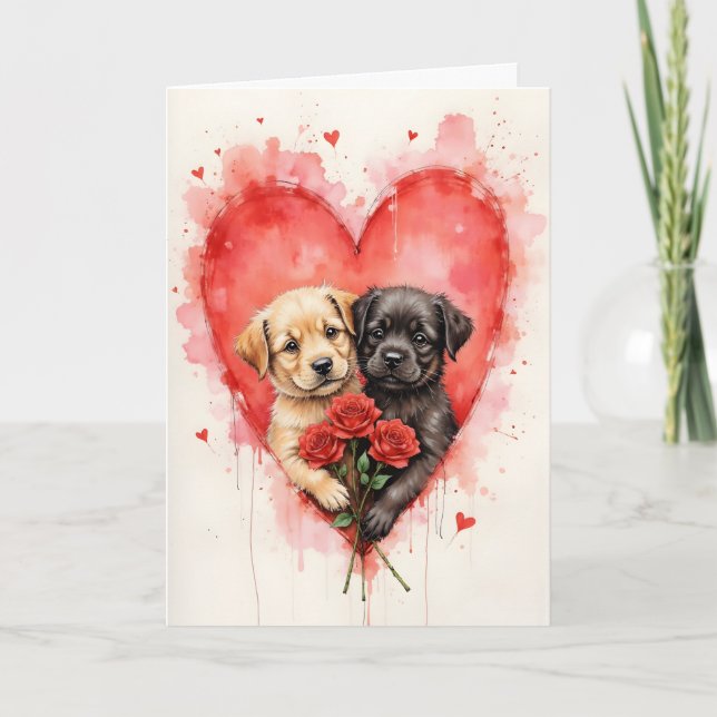 Charming Dogs Valentine Hearts and Red Roses Card (Front)