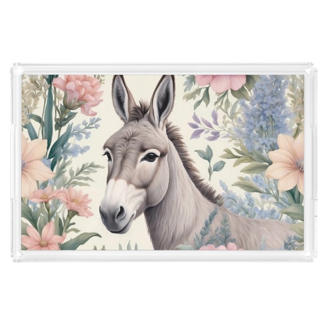 Charming Donkey Pastel Flowers Farm Animal Acrylic Tray (Front)