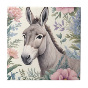 Charming Donkey Pastel Flowers Farm Animal Ceramic Tile
