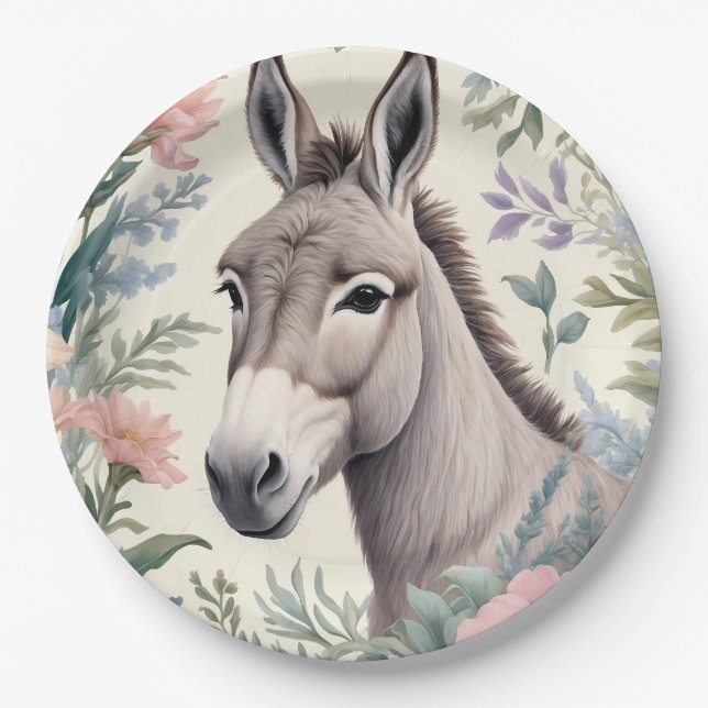 Charming Donkey Pastel Flowers Farm Animal Paper Plates (Front)