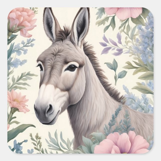 Charming Donkey Pastel Flowers Farm Animal Square Sticker (Front)