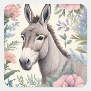 Charming Donkey Pastel Flowers Farm Animal Square Sticker