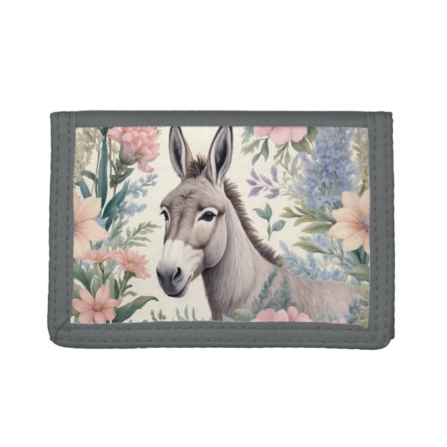 Charming Donkey Pastel Flowers Farm Animal Trifold Wallet (Front)