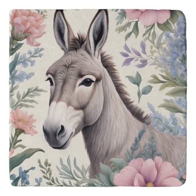 Charming Donkey Pastel Flowers Farm Animal Trivet (Front)