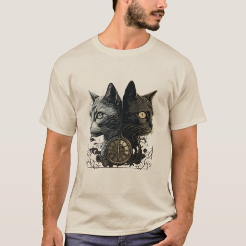 Charming duo two black and gray cats in an artisti T_Shirt