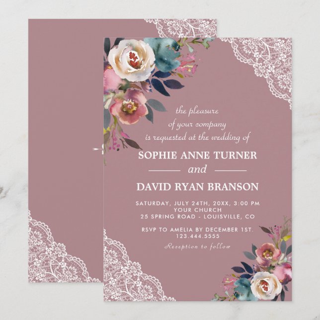 Charming Dusty Blue Dusty Rose Floral Wedding Invitation (Front/Back)