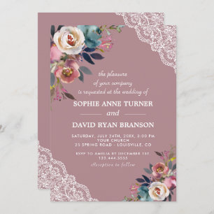 Charming Dusty Blue Dusty Rose Floral Wedding Invitation