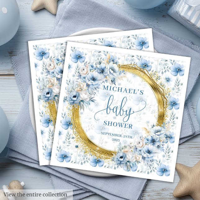Charming dusty blue flowers gold baby shower nap  paper dinner napkins (Charming dusty blue flowers gold baby shower nap Paper Dinner Napkins )