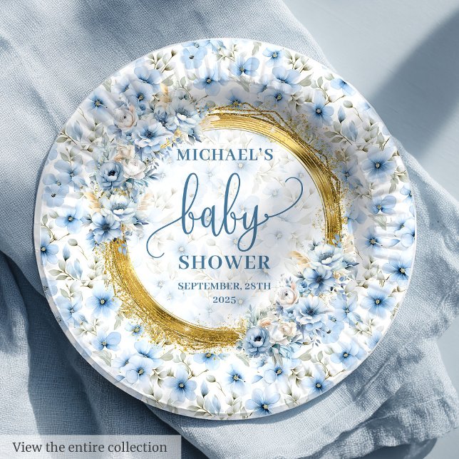 Charming dusty blue flowers gold boy baby shower  paper plates (Charming dusty blue flowers gold boy baby shower Paper Plates)