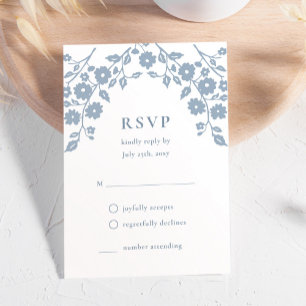 Charming Dusty Blue Folk Flowers Simple Floral RSVP Card