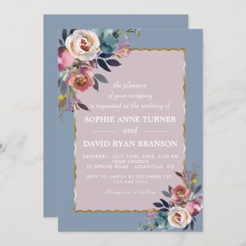 Charming Dusty Blue Misty Rose Floral Gold Wedding Invitation