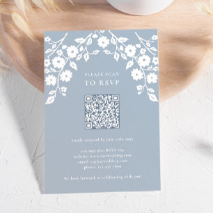 Charming Dusty Blue White Flowers Floral QR Code RSVP Card