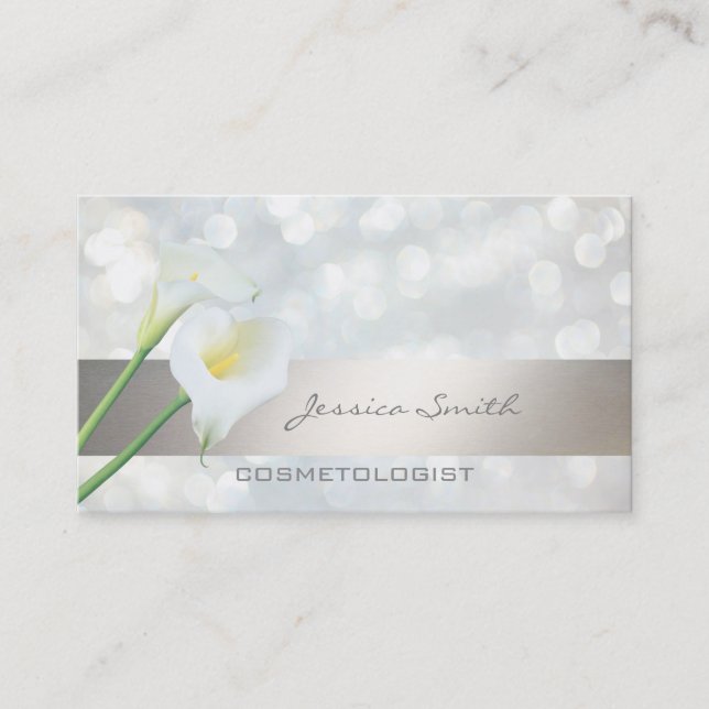 Charming elegant chic lux bright bokeh calla lily business card (Front)