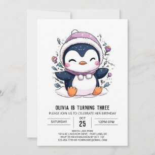 Charming Elegant Penguin Digital Birthday Invitation