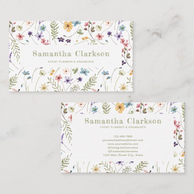 Charming Elegant Watercolor Wildflower Pattern Business Card (Front/Back)
