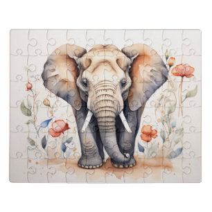 Charming Elephant & Blooms Watercolor Painting Jigsaw Puzzle