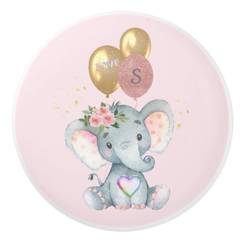 Charming Elephant Initial Heart Love Drawer  Ceramic Knob