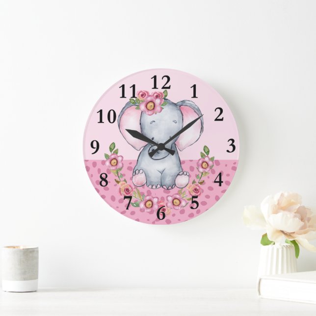 Charming Elephant Pink Floral Animal Print   Large Clock (Home)