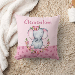 Charming Elephant PInk Floral Animal Print Throw Pillow
