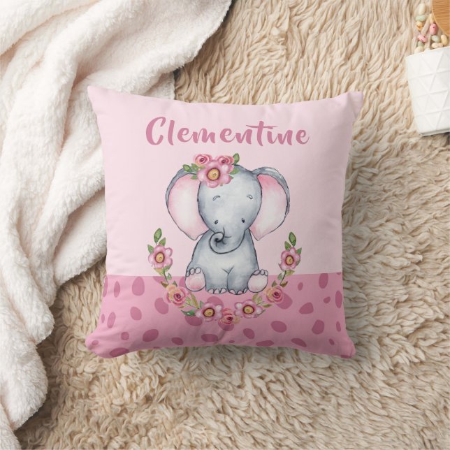 Charming Elephant PInk Floral Animal Print Throw Pillow (Blanket)