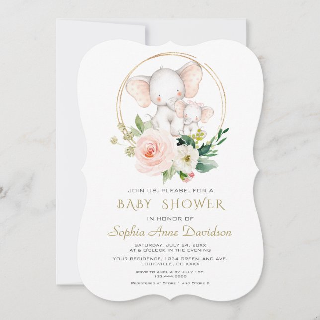 Charming Elephant Pink Floral Baby Shower Invitation (Front)