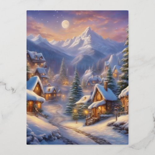 Charming fairy tale village snow_covered decorate foil holiday postcard