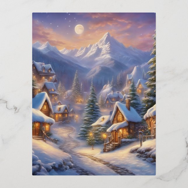 Charming fairy tale village, snow-covered decorate foil holiday postcard (Front)