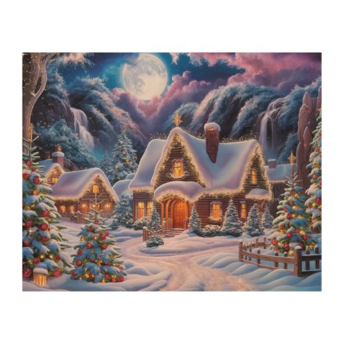 charming fairy tale village snow_covered decorate wood wall art