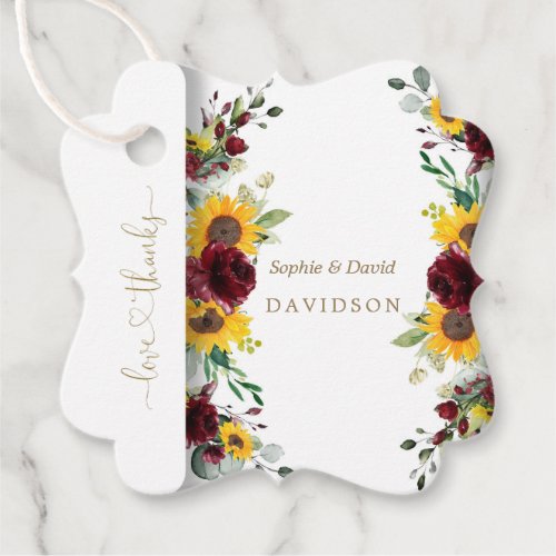 Charming Fall Burgundy Roses Sunflowers Wedding Favor Tags