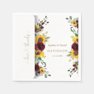 Charming Fall Burgundy Roses Sunflowers Wedding Napkins