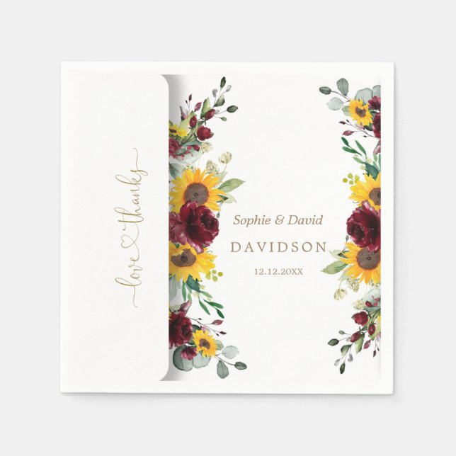 Charming Fall Burgundy Roses Sunflowers Wedding Napkins (Front)