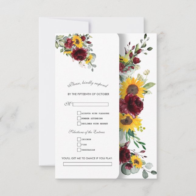 Charming Fall Burgundy Sunflowers Wedding RSVP Card (Front)