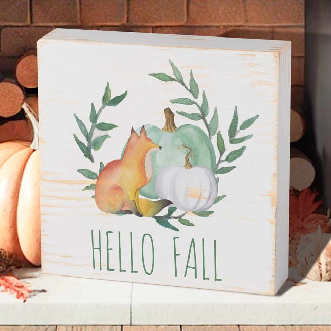 Charming Fall Decor For Mantel Wooden Box Sign (Charming fall decor for mantel features watercolor fox, pumpkins and wreath by Victoria Grigaliunas)
