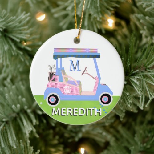 Charming Feminine Golf Cart Clubs Monogram Name  Ceramic Ornament