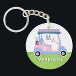 Charming Feminine Golf Cart Clubs Monogram Name  Keychain<br><div class="desc">MATCHING ITEMS ARE AVAILABLE IN THE COLLECTION ABOVE THIS DESCRIPTION (Golf Gal in Pink and Blue).. This is a charming unique golf cart -- lovely in pink and blue with just a touch of glow on its "roof" -- tastefully done -- ready to run the course -- key chain. Custom...</div>