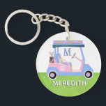 Charming Feminine Golf Cart Clubs Monogram Name  Keychain<br><div class="desc">MATCHING ITEMS ARE AVAILABLE IN THE COLLECTION ABOVE THIS DESCRIPTION (Golf Gal in Pink and Blue).. This is a charming unique golf cart -- lovely in pink and blue with just a touch of glow on its "roof" -- tastefully done -- ready to run the course -- key chain. Custom...</div>
