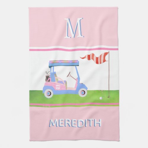 Charming Feminine Golf Cart Clubs Monogram Name  Kitchen Towel