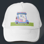 Charming Feminine Golf Cart Clubs Monogram Name  Trucker Hat<br><div class="desc">MATCHING ITEMS ARE AVAILABLE IN THE COLLECTION ABOVE THIS DESCRIPTION (Golf Gal in Pink and Blue). This is a charming unique golf cart -- lovely in pink and blue with just a touch of glow on its "roof" -- tastefully done -- ready to run the course -- golf ball marker....</div>