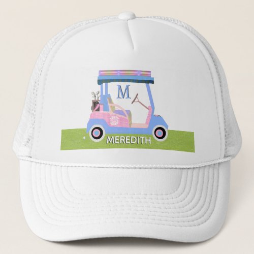 Charming Feminine Golf Cart Clubs Monogram Name  Trucker Hat