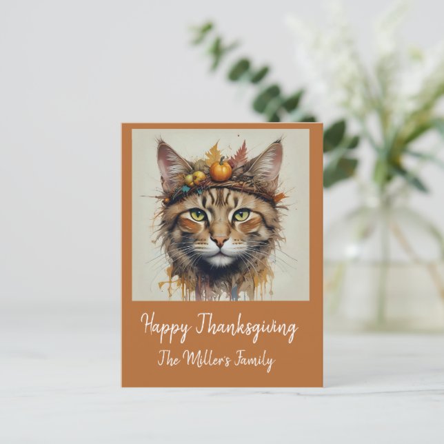 Charming festive Thanksgiving Cat in Disguise Holiday Postcard (Standing Front)
