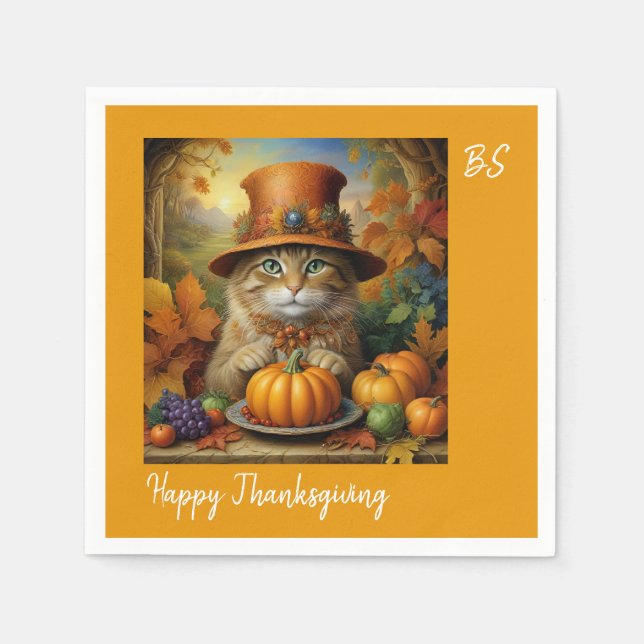 Charming festive Thanksgiving Cat in Disguise Napkins (Front)